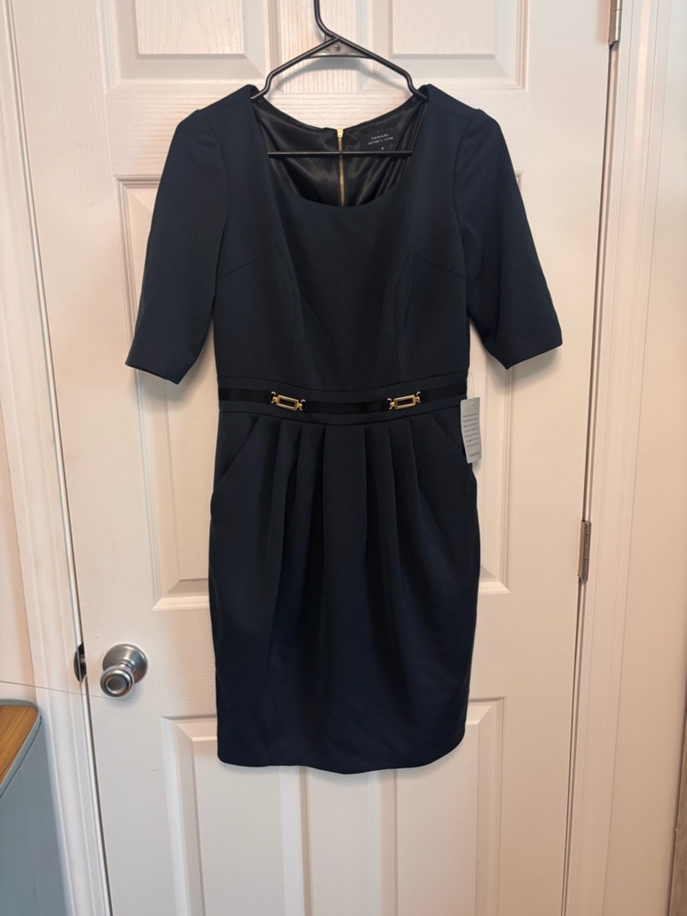 Tahari ASL Navy Midi Dress with Gold Buckle Detail